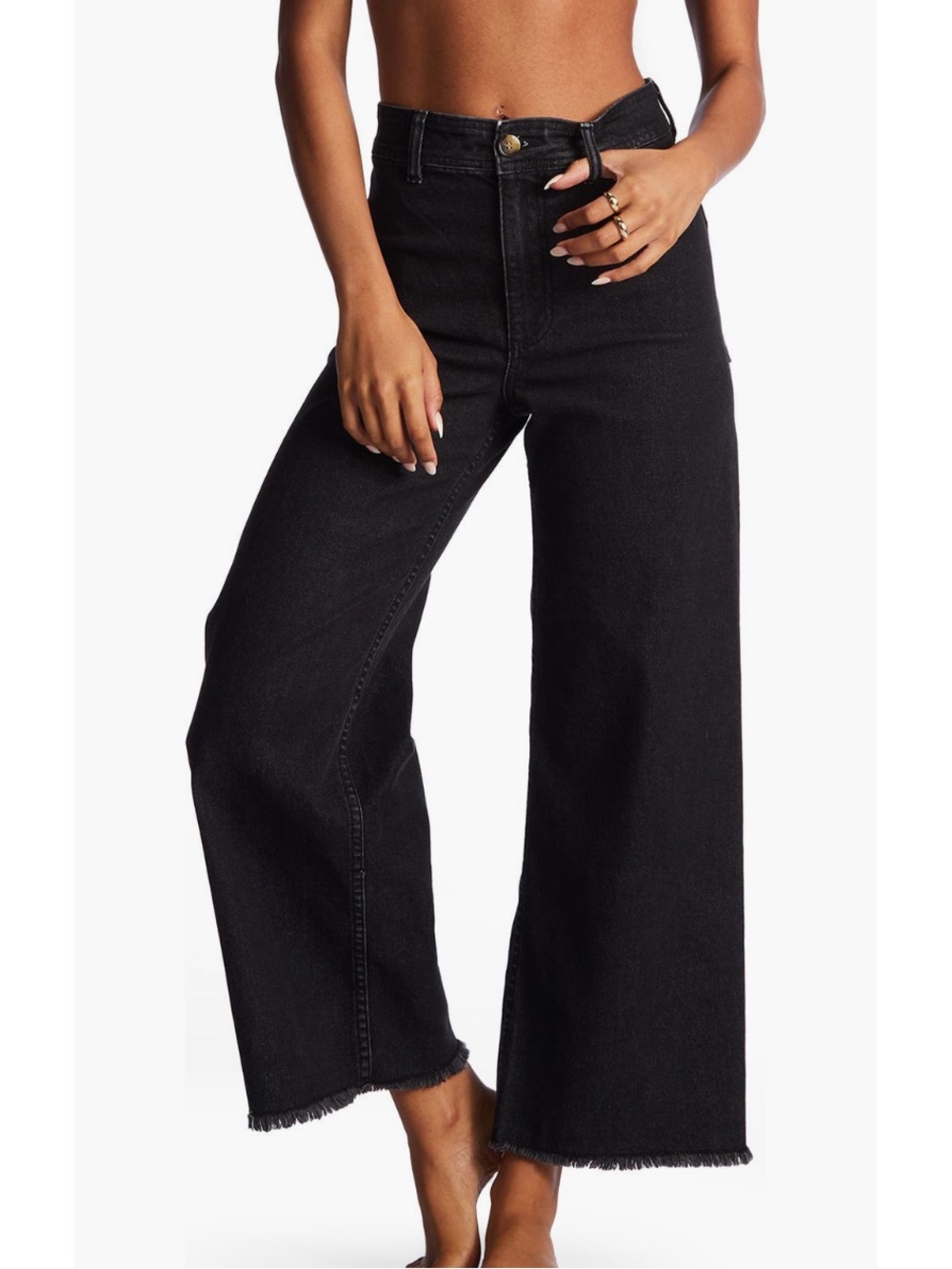 Billabong Free Fall Stretch Crop Wide Leg Jeans Black Raw Hem